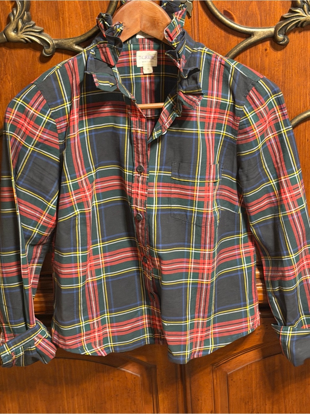 J. Crew Navy and Red Plaid Button down ruffle collar upcycled